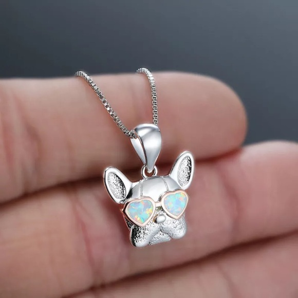 NEW French Bulldog w/ White Sparkle Sunglasses Silver Charm Dog Pendant Necklace - Picture 3 of 4
